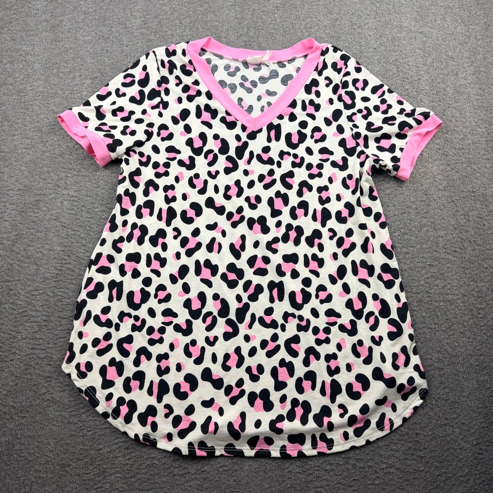 Honey Me Women's S Pink Leopard Print V-Neck Short Sleeve Tunic Top T10251-1255
